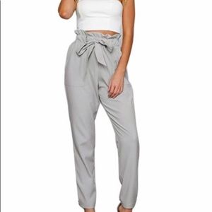 SOLD Trash bag tie pants in grey, white, and blue